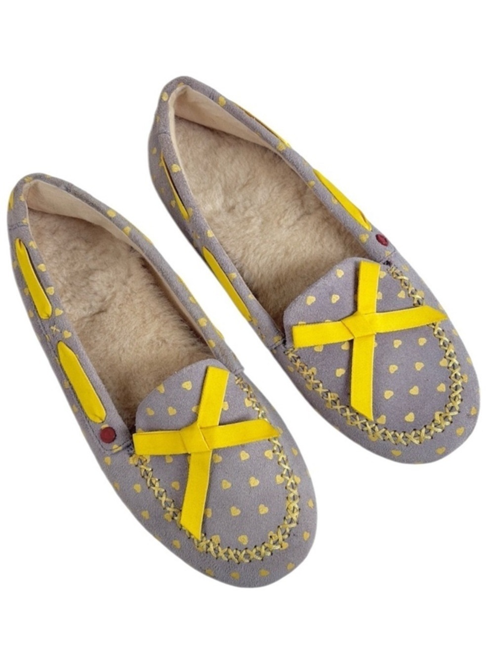 EUC UGG Leather Belle Heart Slippers Grey Yellow Hearts Size 7